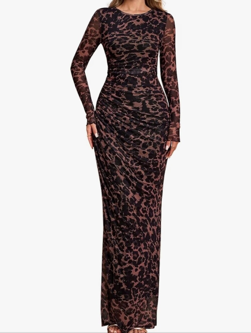 Long Sleeve Brown and Black Animal Print Dress